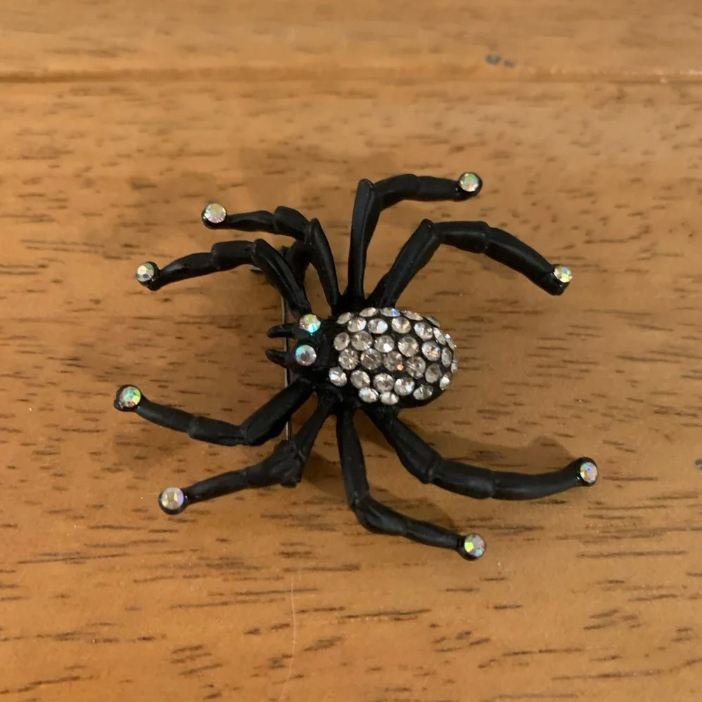 Spider Brooch Pin Black with Rhinestones